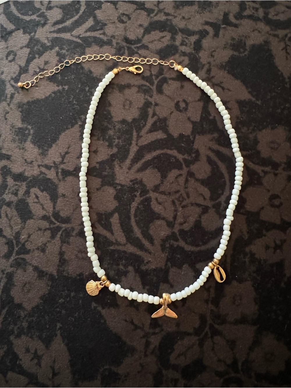 Gold Charm Beaded Necklace - White Beads
